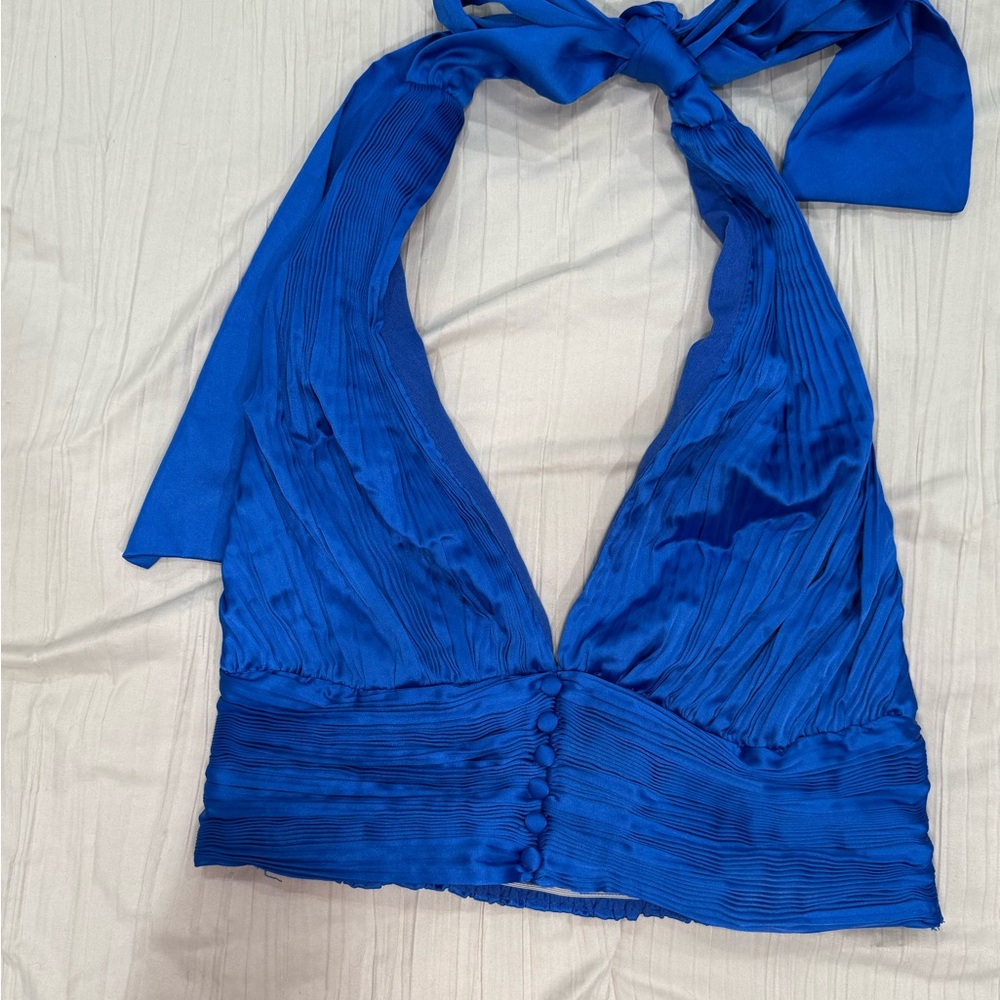 Pleated Blue Halter Top